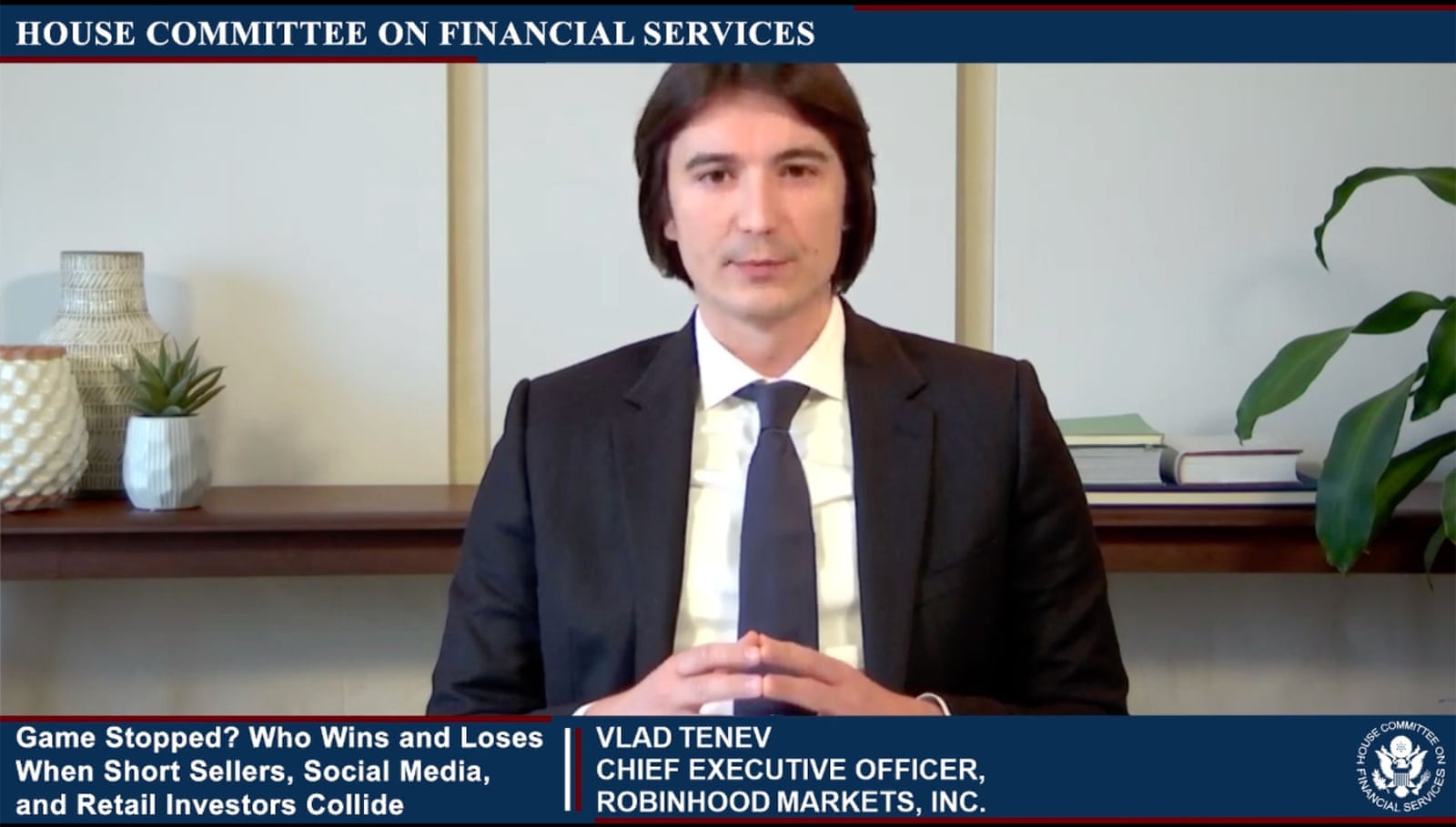 Vlad Tenev testifying before the House Committee on Financial Services during the GameStop hearing