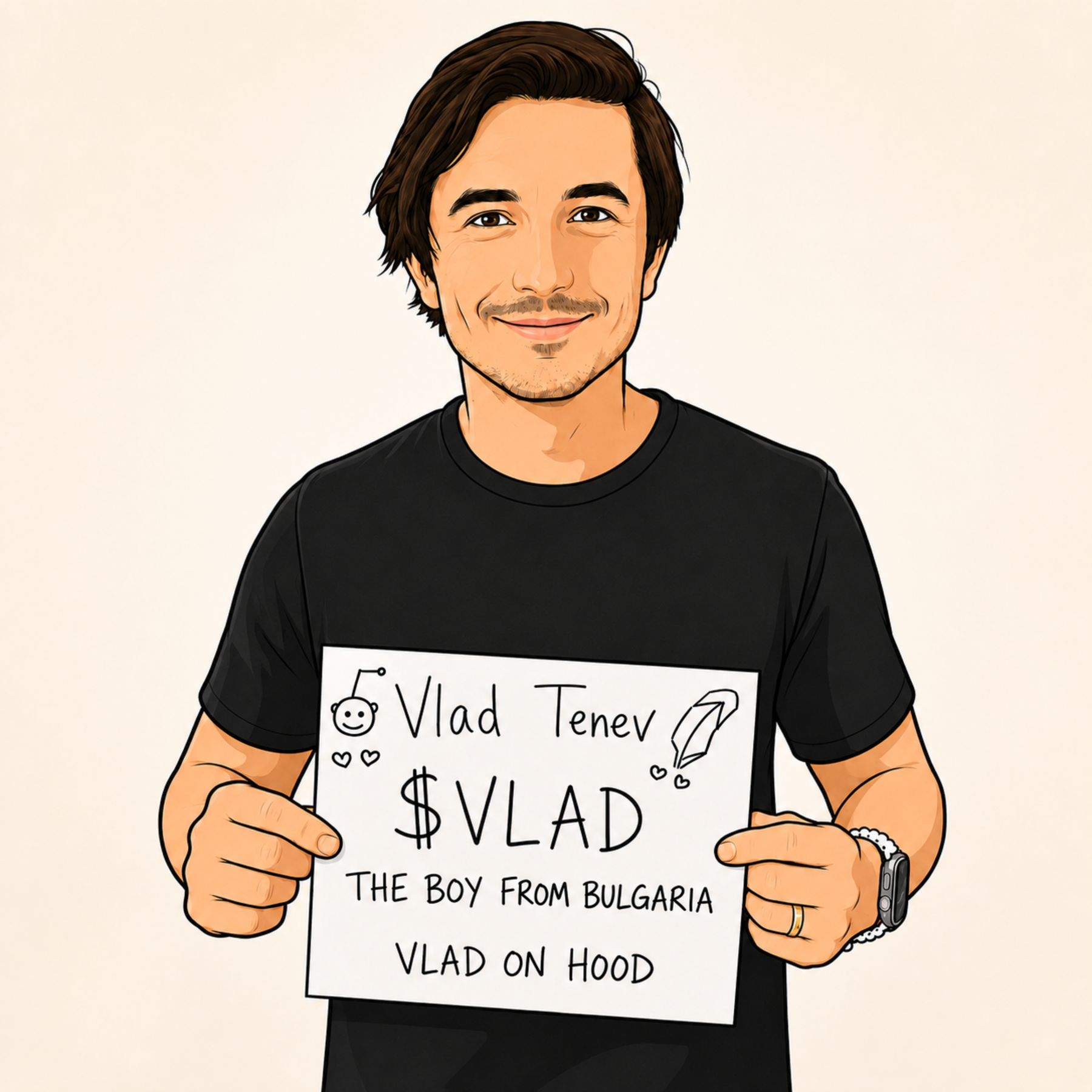 Illustration of Vlad Tenev holding a $VLAD, Vlad on Hood sign